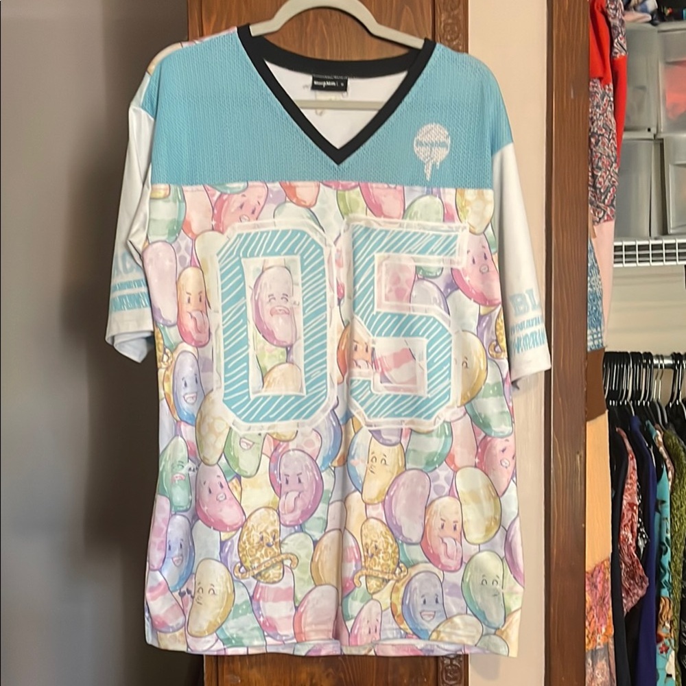 Blackmilk Blue and Pink Jersey with V-Neck and Number Design